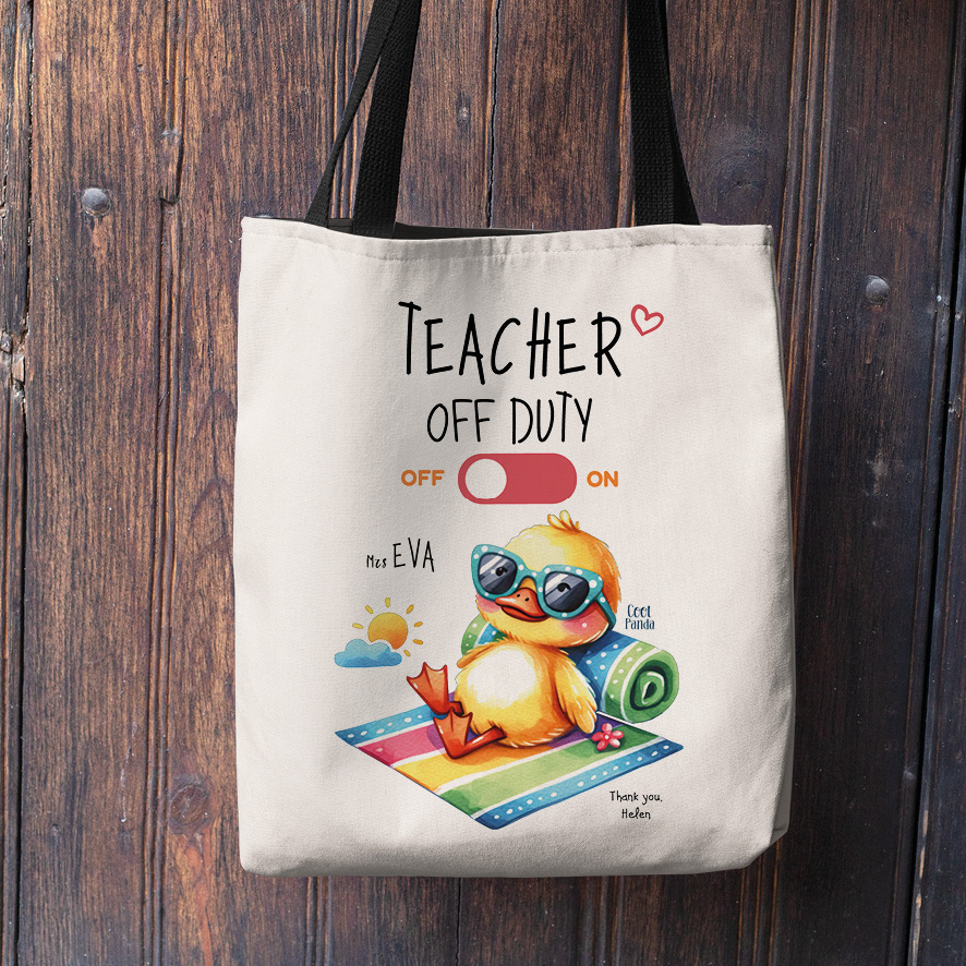 Σετ λινή τσάντα με μαύρα χερούλια και νεσεσέρ “Teacher off duty Παπάκι”