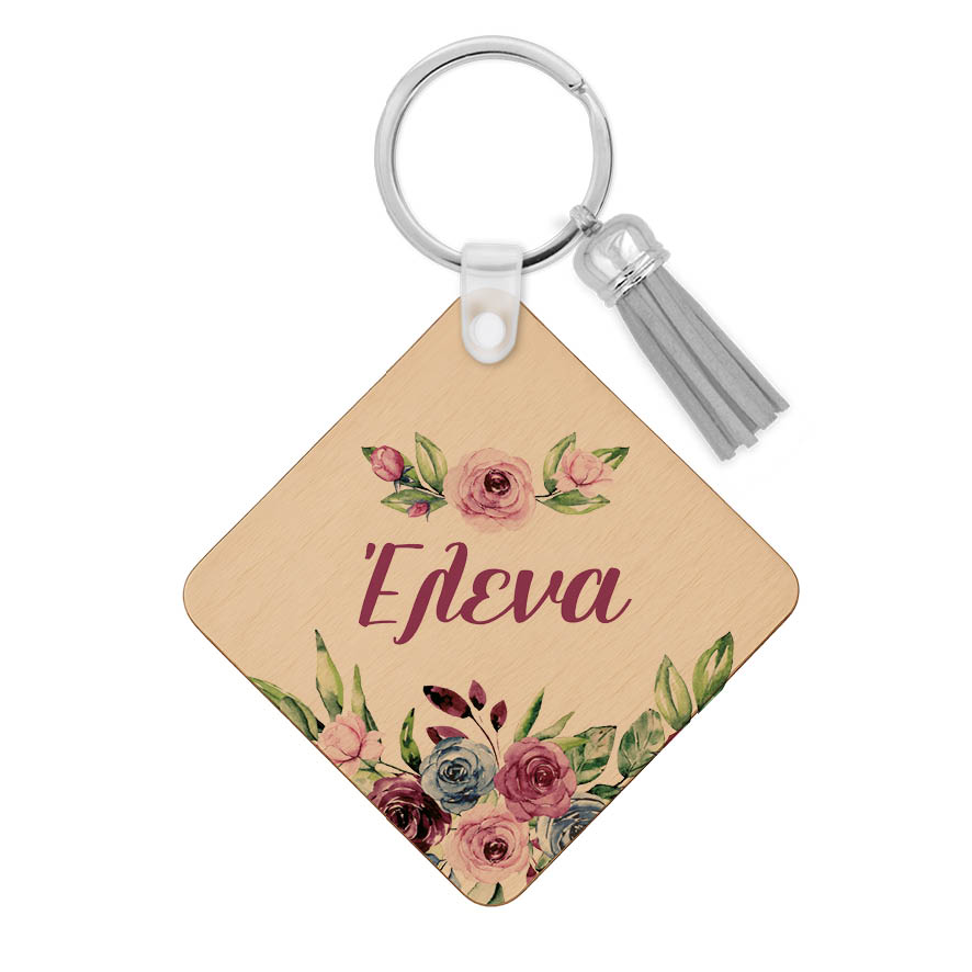 Ξύλινο Μπρελόκ για τη δασκάλα “Mονόγραμμα pink roses”