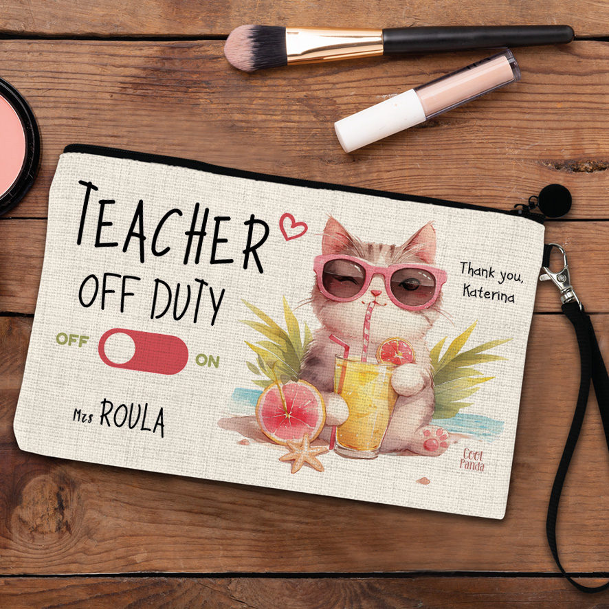 Σετ λινή τσάντα με μαύρα χερούλια και νεσεσέρ “Teacher off duty Γάτα”