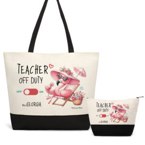 Σετ τσάντα θαλάσσης και νεσεσέρ μαύρο “Teacher off duty floral flamingo”