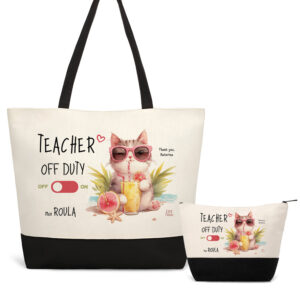 Σετ τσάντα θαλάσσης και νεσεσέρ μαύρο “Teacher off duty Γάτα”