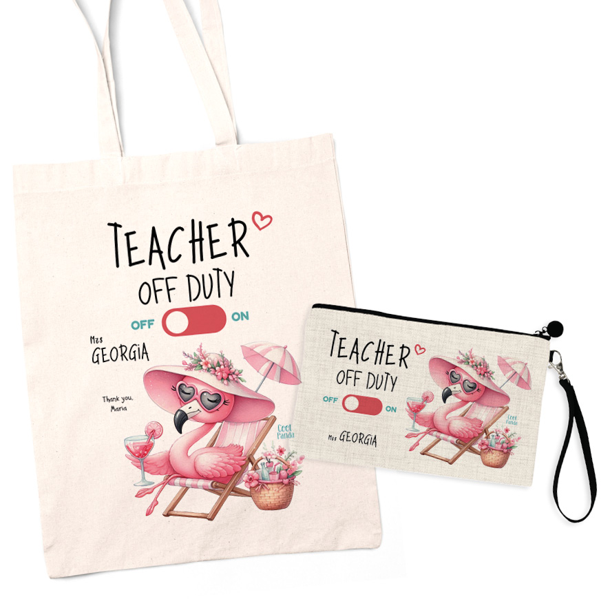 Σετ tote bag και νεσεσέρ “Teacher off duty floral flamingo”