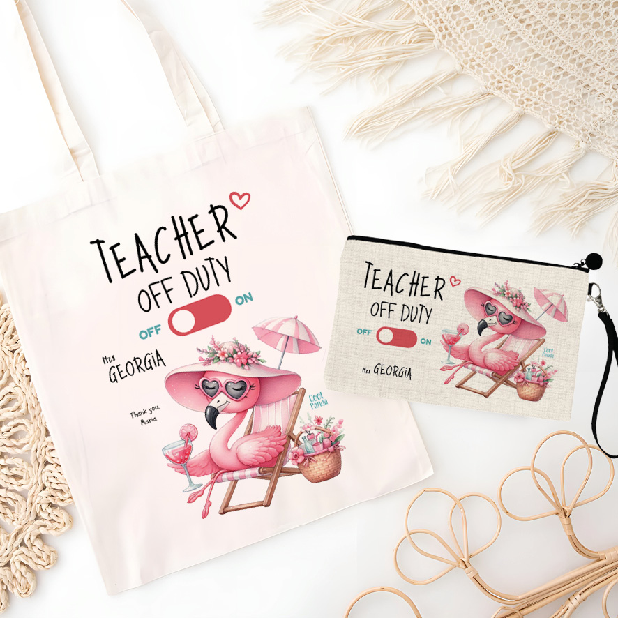 Σετ tote bag και νεσεσέρ “Teacher off duty floral flamingo”