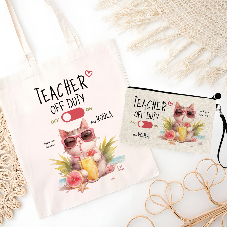 Σετ tote bag και νεσεσέρ “Teacher off duty Γάτα”