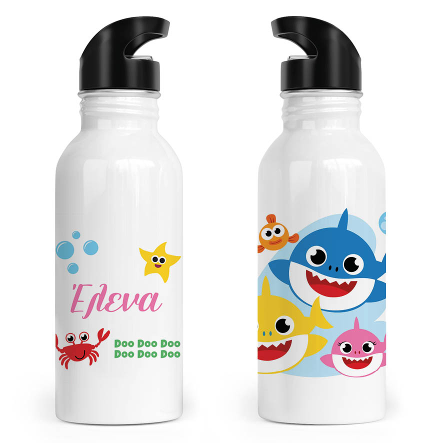 Μπουκάλι νερού ανοξείδωτο με καλαμάκι λευκό “Baby shark”