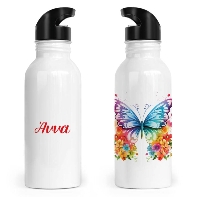 Μπουκάλι νερού ανοξείδωτο με καλαμάκι λευκό “Floral Πεταλούδα”