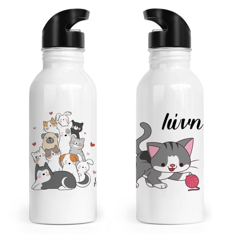 Μπουκάλι νερού ανοξείδωτο με καλαμάκι λευκό “Γατούλες και σκυλάκια”