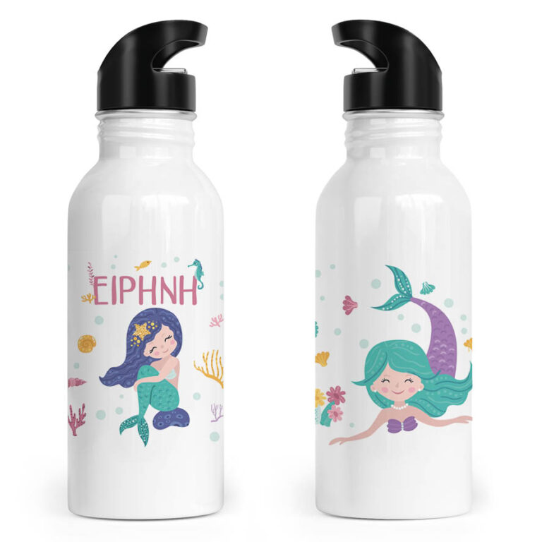 Μπουκάλι νερού ανοξείδωτο με καλαμάκι λευκό “Μωβ Γοργόνες”