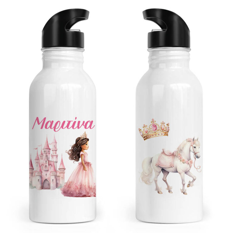 Μπουκάλι νερού ανοξείδωτο με καλαμάκι λευκό “Πριγκίπισσα με κάστρο”
