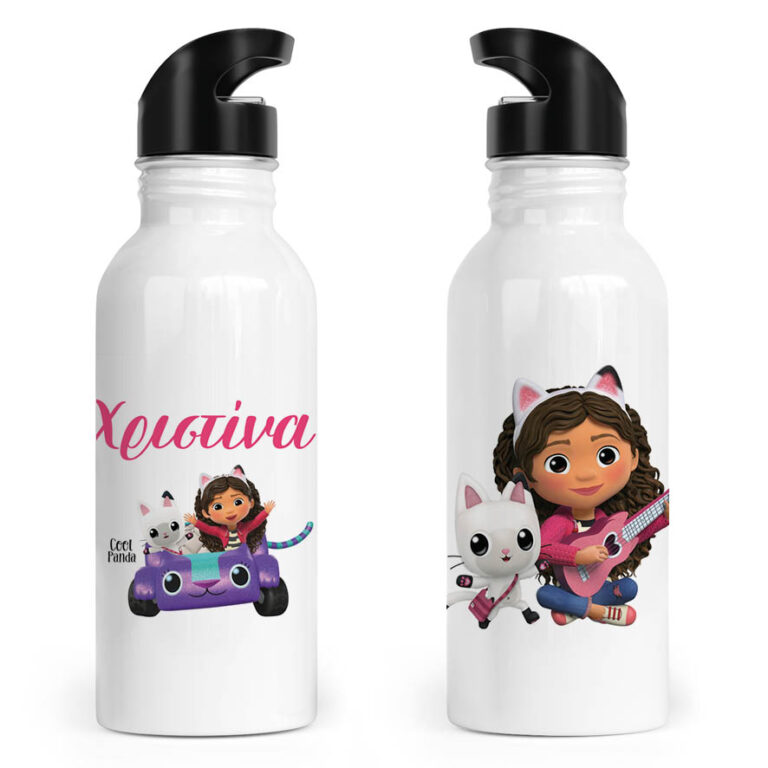 Μπουκάλι νερού ανοξείδωτο με καλαμάκι λευκό “Το κουκλόσπιτο της Gabby”