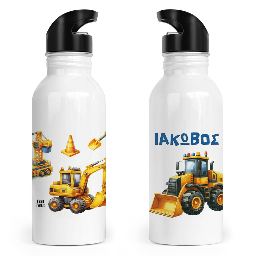 Μπουκάλι νερού ανοξείδωτο με καλαμάκι λευκό “Yellow trucks”