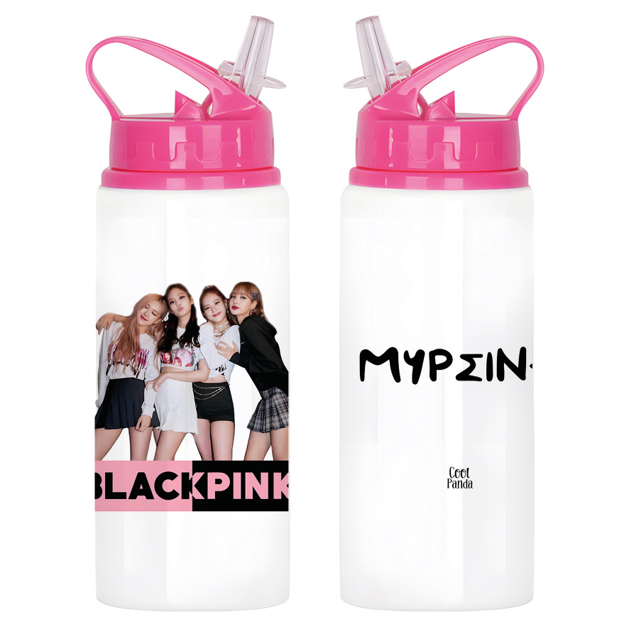 Μπουκάλι νερού με καλαμάκι λευκό “Black Pink photo”