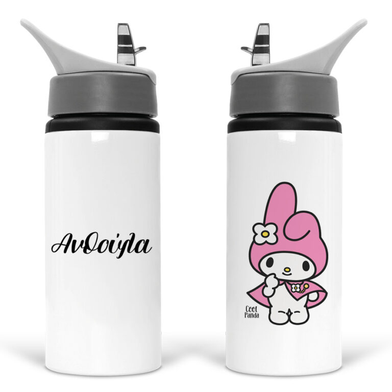 Μπουκάλι νερού με καλαμάκι λευκό “Kuromi Pink”