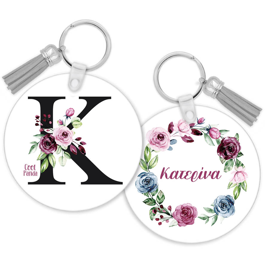 Μπρελόκ ξύλινο “Floral μονόγραμμα ροζ”