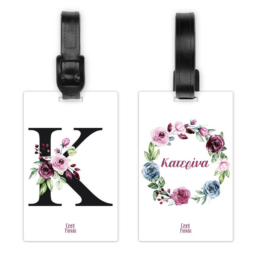 Ταμπελάκι τσάντας ξύλινο “Floral μονόγραμμα ροζ”