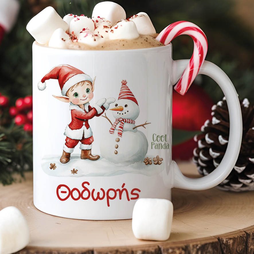 Σετ κούπα με στολίδι “Ξωτικό με χιονάνθρωπο”