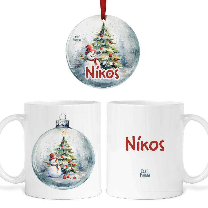 Σετ κούπα με στολίδι “Χιονάνθρωπος & δέντρο”