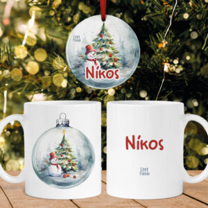 Σετ κούπα με στολίδι “Χιονάνθρωπος & δέντρο”