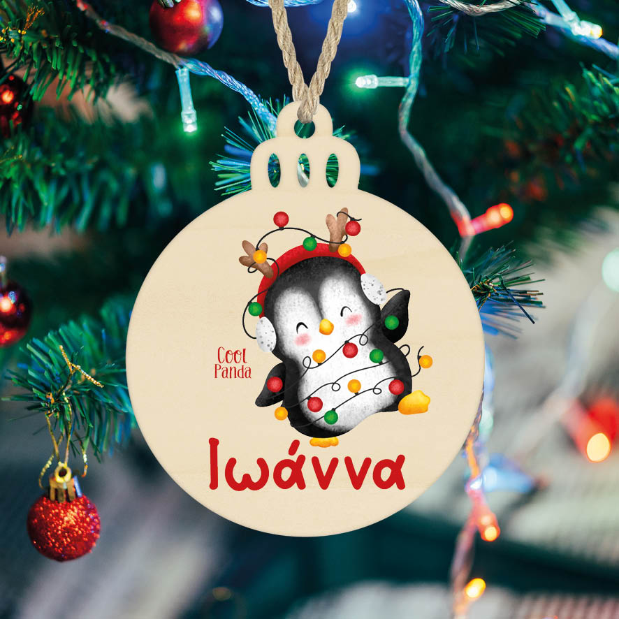 Μπάλα ξύλινη 7cm “Πιγκουίνος Χριστουγεννιάτικος”