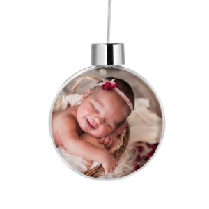 Διάφανη μπάλα με φωτογραφία και όνομα “Πρώτα Χριστούγεννα Στεφάνι”