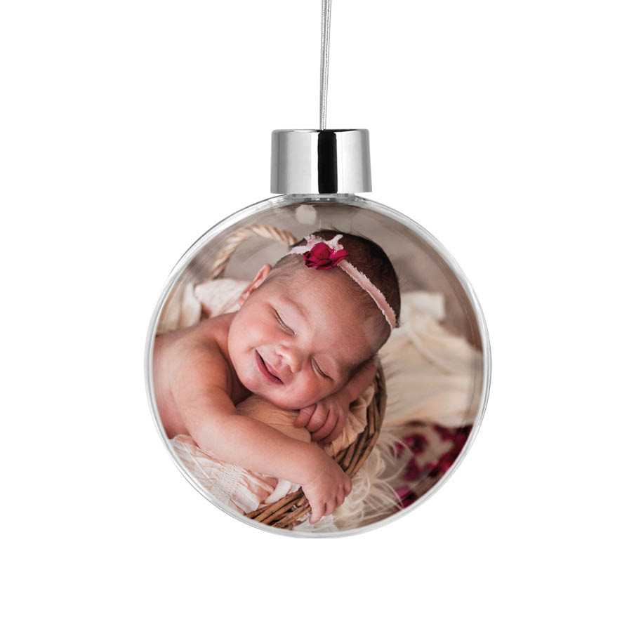 Διάφανη μπάλα με φωτογραφία και όνομα “Πρώτα Χριστούγεννα Στεφάνι”