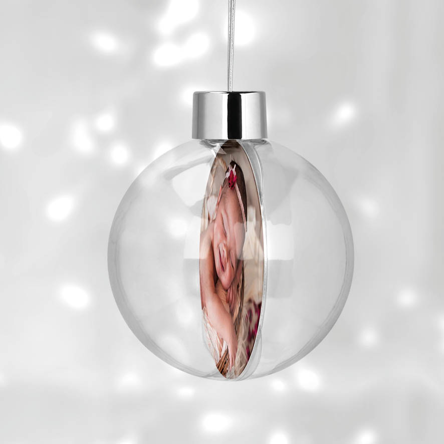 Διάφανη μπάλα με φωτογραφία και όνομα “Πρώτα Χριστούγεννα Στεφάνι”