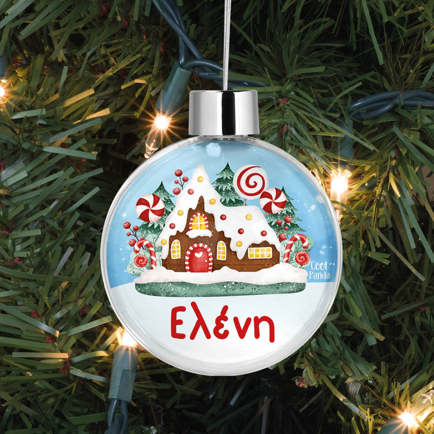 Διάφανη μπάλα με όνομα “Ζαχαρόσπιτο κόκκινο”