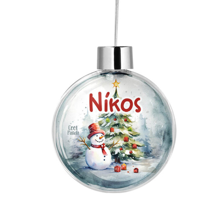 Διάφανη μπάλα με όνομα “Χιονάνθρωπος & δέντρο”