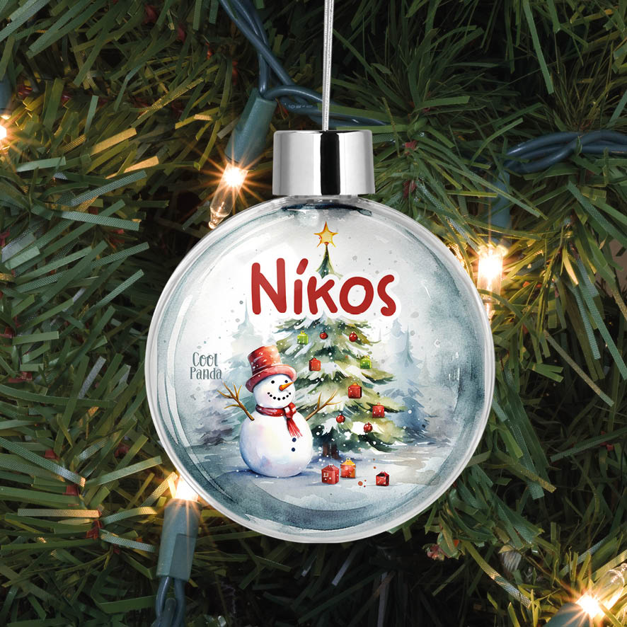 Διάφανη μπάλα με όνομα “Χιονάνθρωπος & δέντρο”