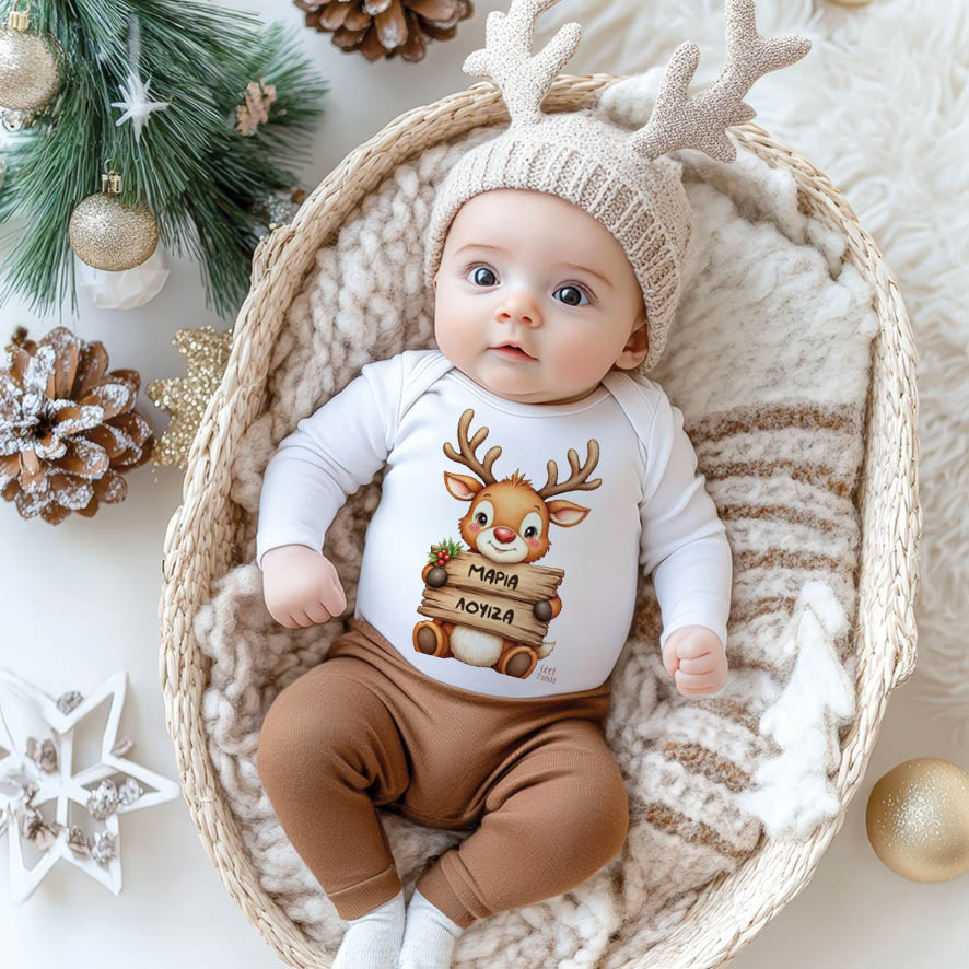 Βρεφικό Φορμάκι μακρυμάνικο “Μωρό τάρανδος με ταμπέλα”