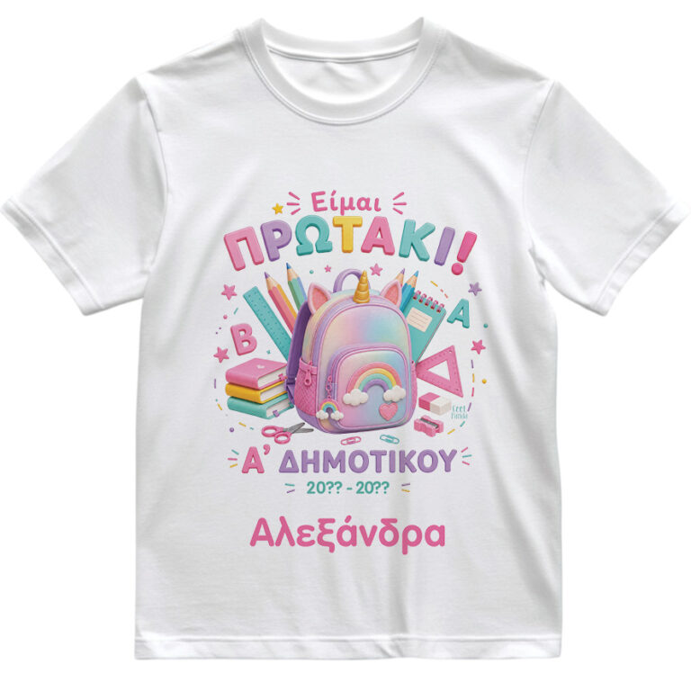 T-shirt Πρώτη Μέρα στο Σχολείο με Όνομα “Πρωτάκι – Δευτεράκι Μονόκερος”