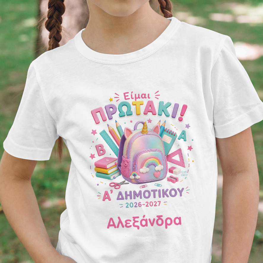 T-shirt Πρώτη Μέρα στο Σχολείο με Όνομα “Πρωτάκι – Δευτεράκι Μονόκερος”