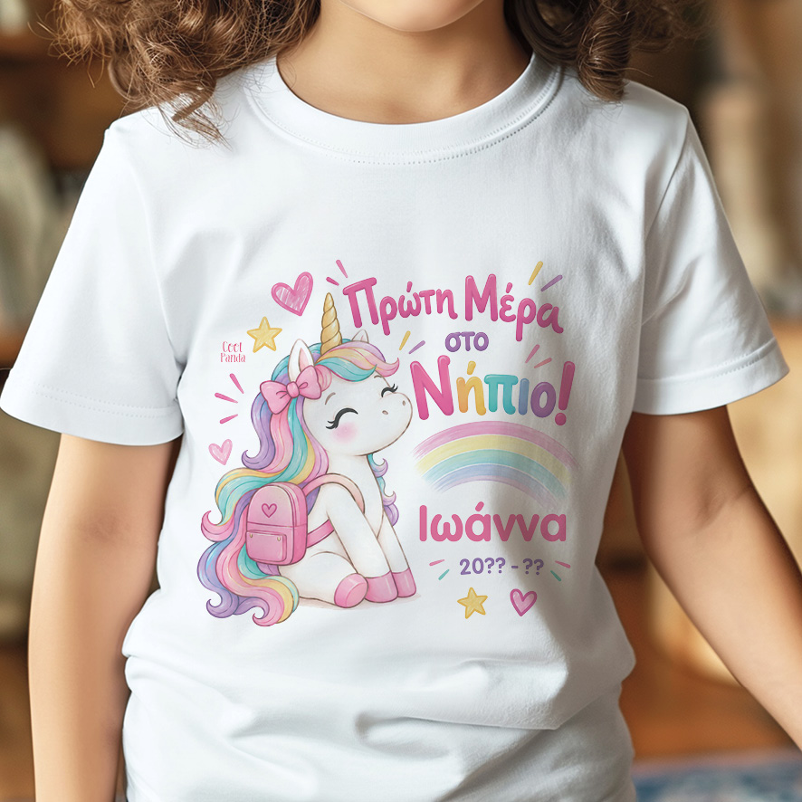 T-shirt Πρώτη Μέρα στο Σχολείο με Όνομα “Μονόκερος Rainbow”